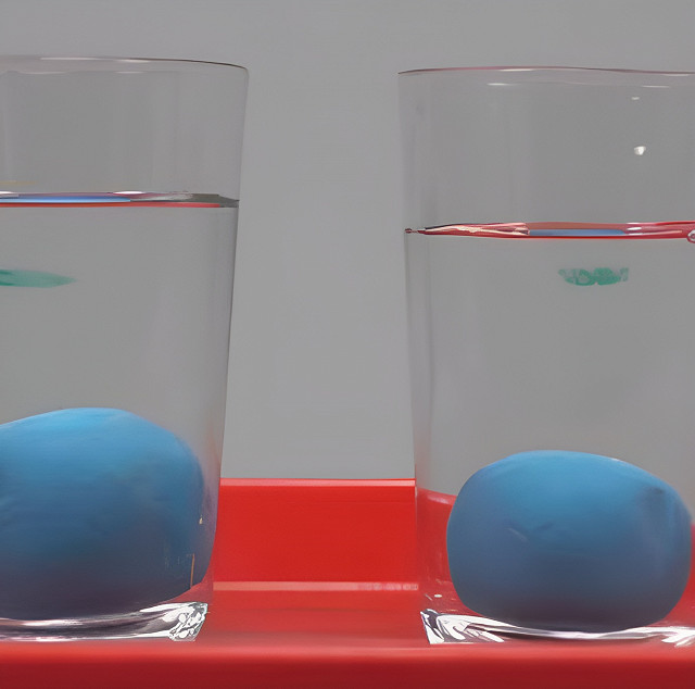 Zwei knetkugeln im Wasser: Welche verdrängt mehr Wasser?
