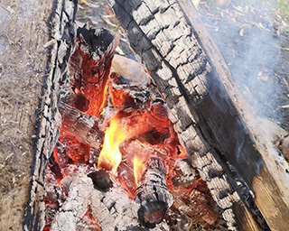 Ein Lagerfeuer, welches verkohlte und glühende Holzscheite zeigt.