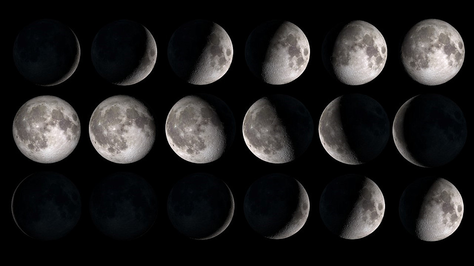 Die Phasen des Mondes nebeneinander dargestellt